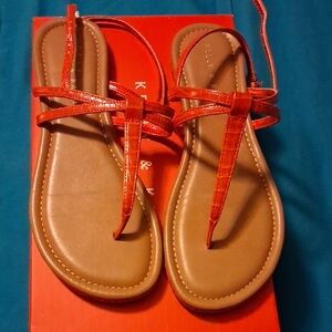 Kelly & Katie Red T-Strap Croc-Texture Sandals